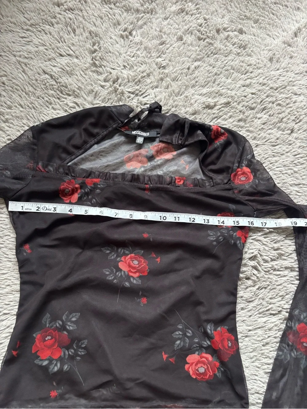 Missguided + Black Sheer Mesh Long-Sleeve Top with Red Rose Print size 4
